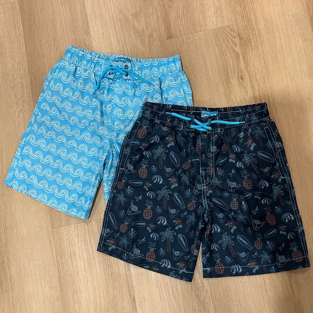 Boys 2-Pack Swim Trunks in Aqua Wave & Navy Tropical